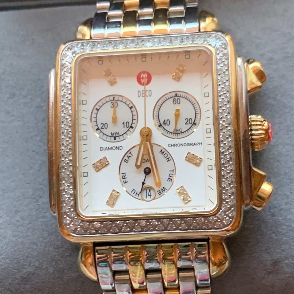 Michelle large Diamond deco chronograph with sundials. Two tone band.